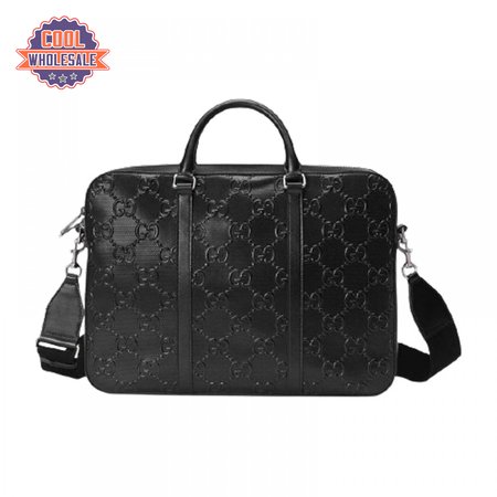 Gucci GG Embossed Briefcase Black Leather Cotton Linen Lining - GBC005