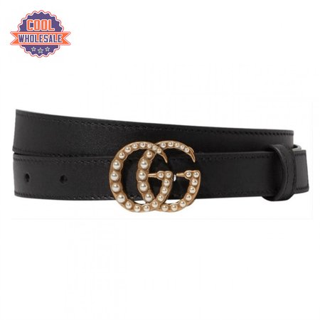 GUCCI BLACK FAUX PEARL-EMBELLISHED LEATHER BELT - B44
