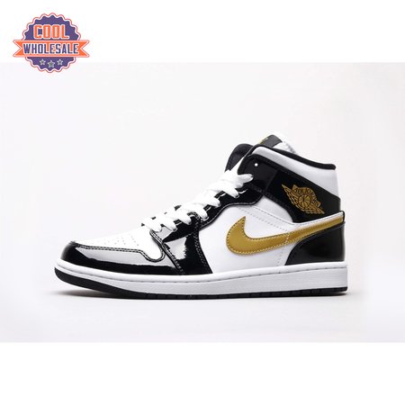 Air Jordan 1 Mid Patent Black White Gold Unisex