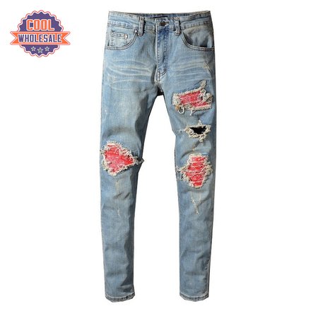 Amiri Bandanna Rip Jeans Light Blue /Red