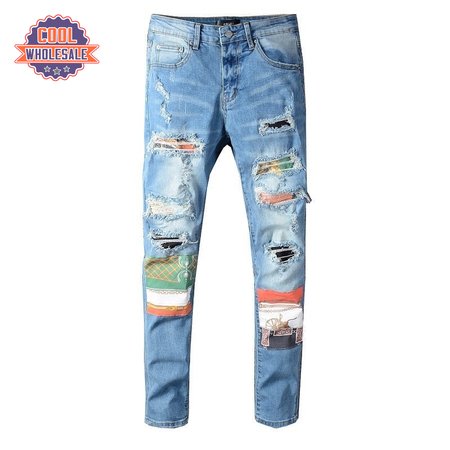 Amiri Chain Design Rip Jeans Light Blue