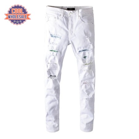 Amiri Rhinestone Rip Jeans White