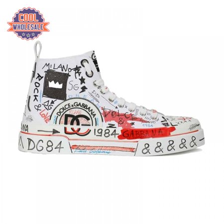 DOLCE AND GABBANA HAND-PAINTED GRAFFITI CANVAS PORTOFINO LIGHT MID-TOP SNEAKERS - DG111